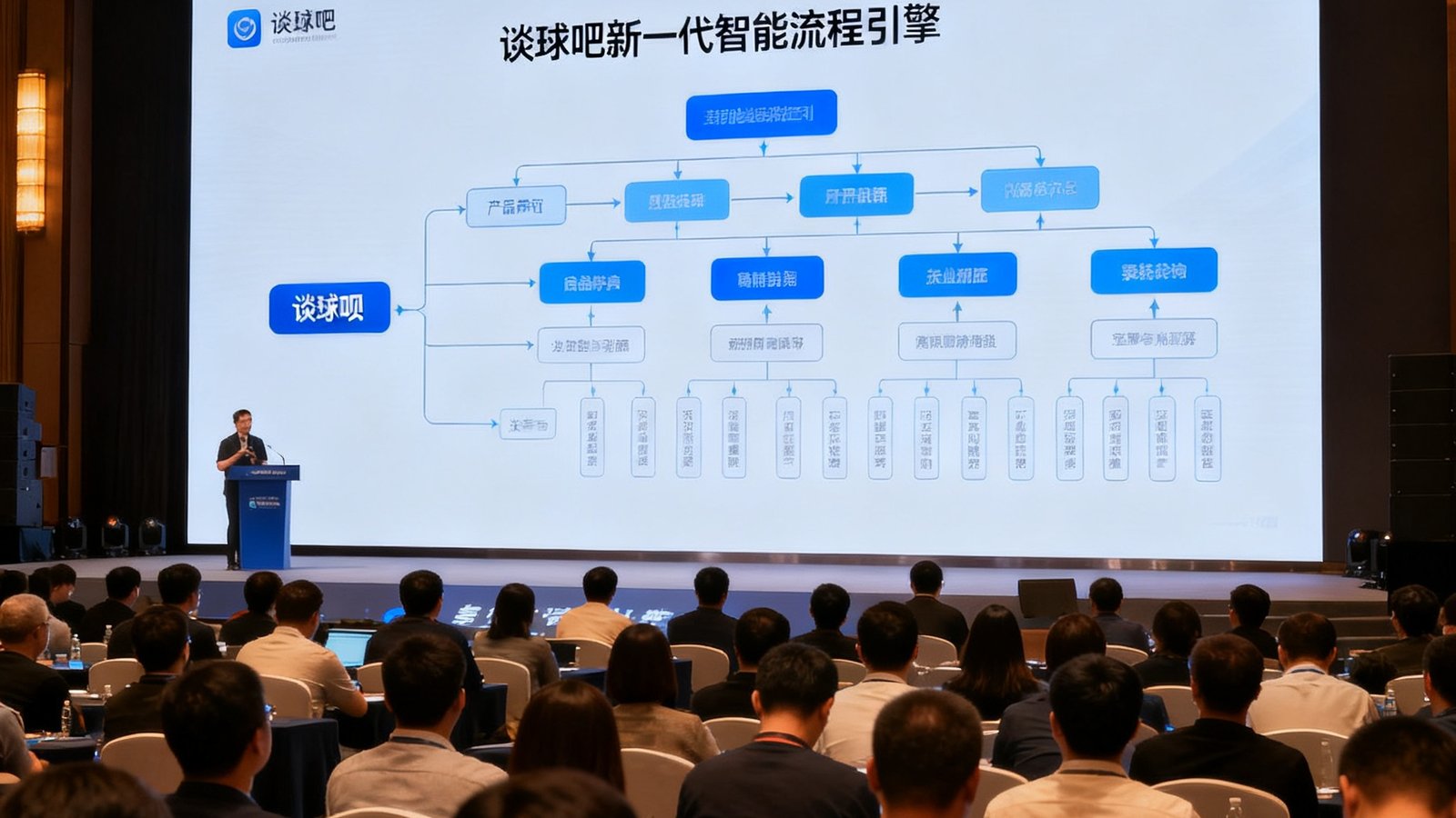 谈球吧新一代智能流程引擎发布会现场照片，大屏幕展示产品技术架构图，台下坐满来自各行业的企业代表