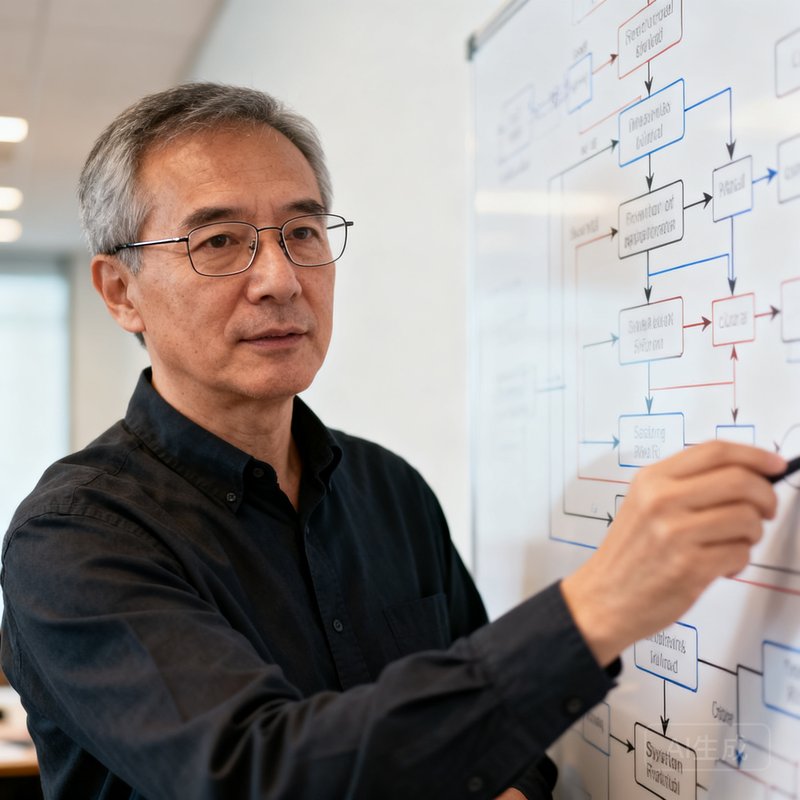 谈球吧创始人兼CEO陈启明的人物肖像，一位戴着细框眼镜的中年男性，身着深色衬衫，在技术会议上专注讲解系统架构白板上的复杂流程图